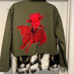 Fun Fish & Unique Modx Olive Green Embroidered Utility Jacket with Faux Fur Trim